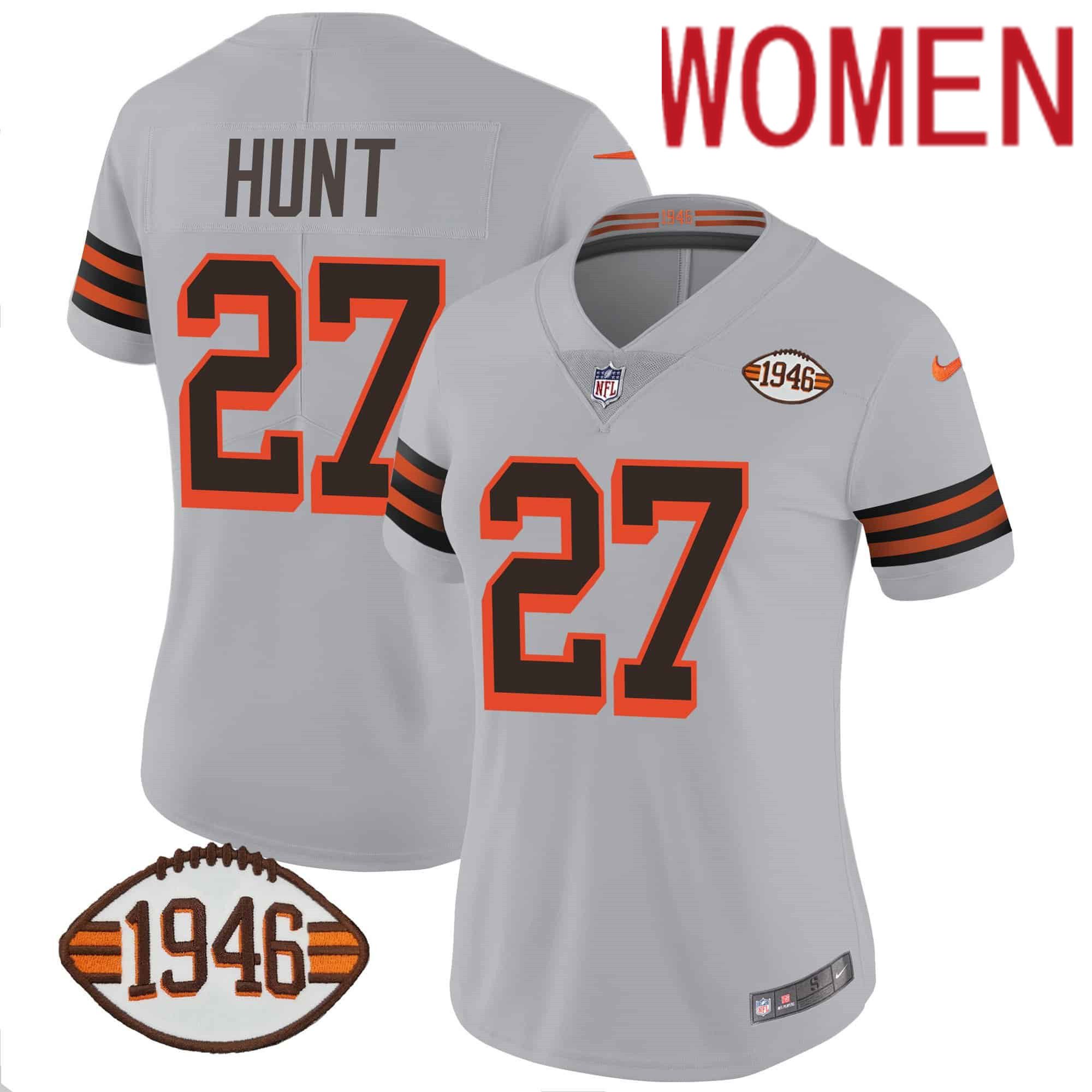 Women Cleveland Browns #27 Hunt Grey 1946 75th Anniversary Patch 2024 Nike NFL Jersey